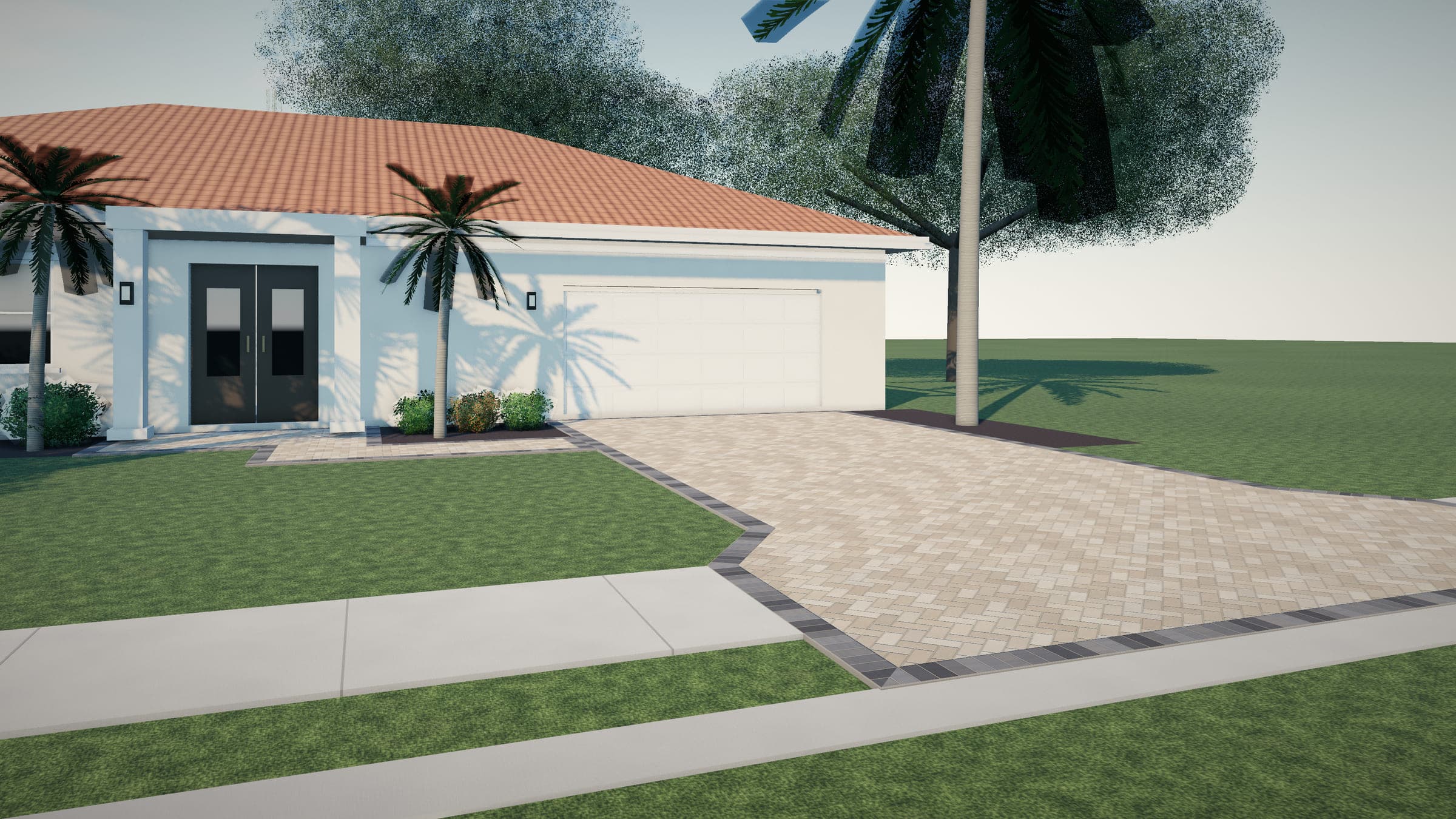 Front yard with a tan herringbone paver driveway, a charcoal border, and a matching front walk leading to a double entry door.
