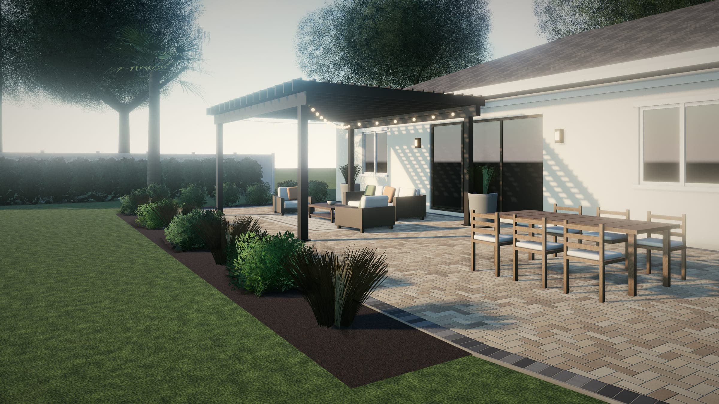 Herringbone paver patio behind a single-story stucco home, with a dark bronze pergola over outdoor sofas and a dining table near the sliding doors.