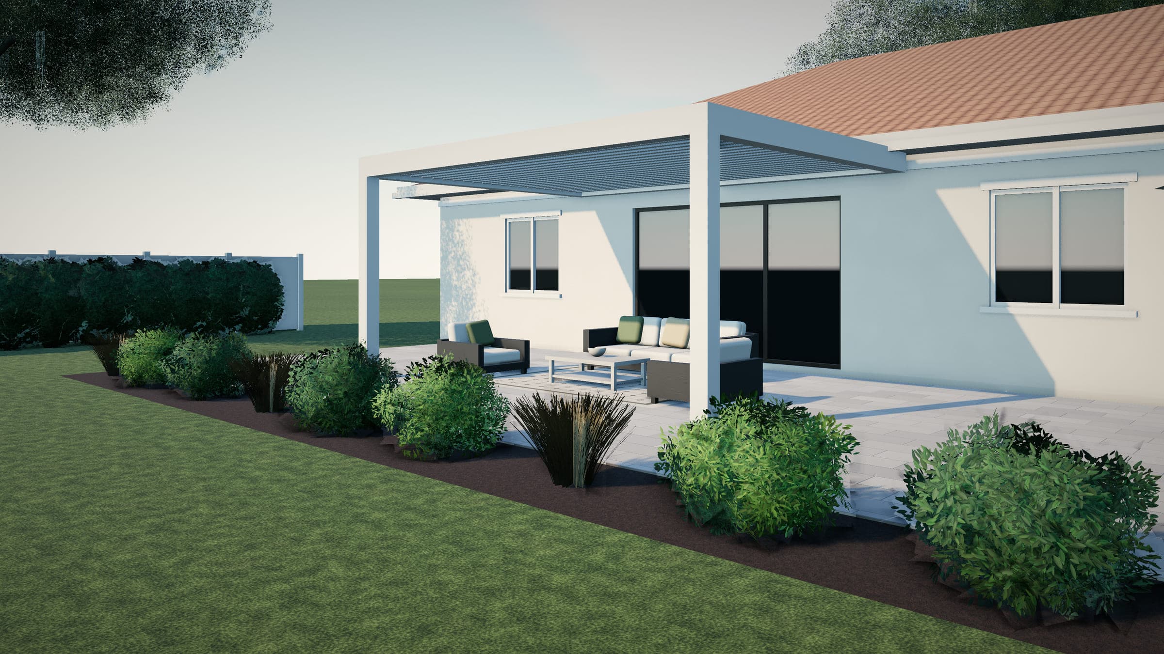 White louvered-roof pergola attached to a stucco home, shading an outdoor sofa and lounge chairs on light porcelain pavers.