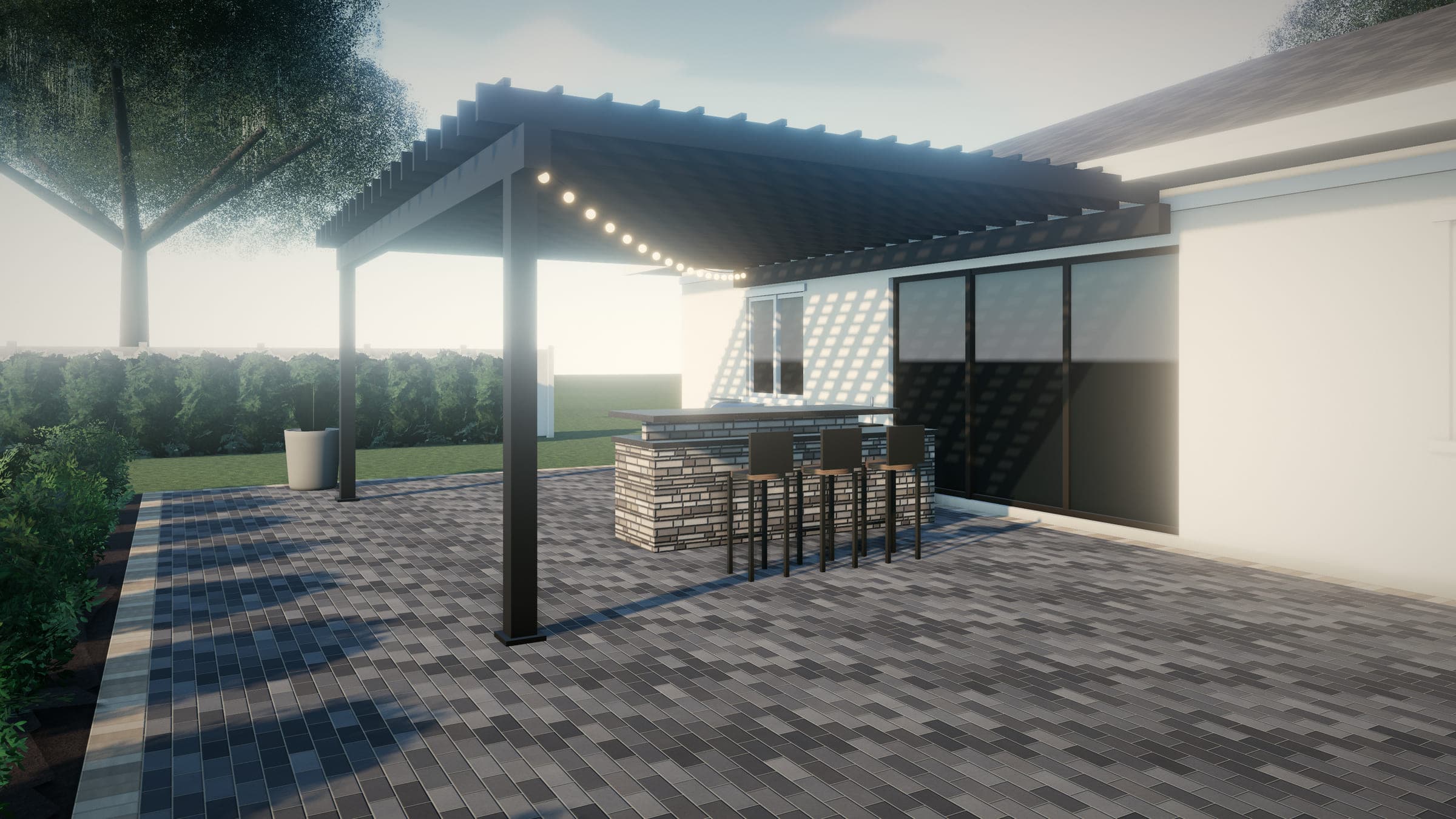L-shaped outdoor kitchen with a stacked-stone base, dark stone countertop, and bar stools under a dark pergola on charcoal pavers.