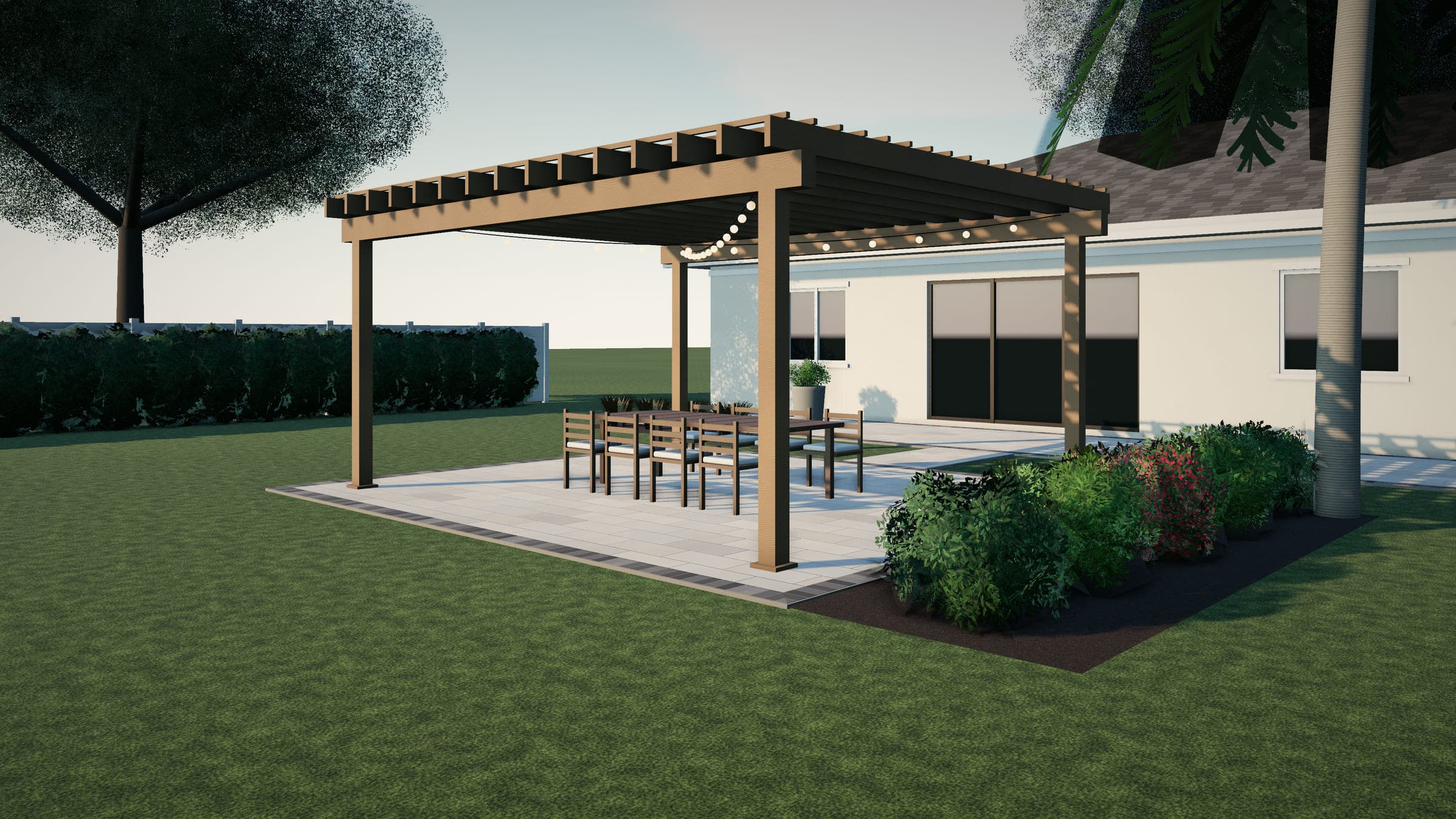 Freestanding cedar-toned pergola with string lights over a dining table on a large-format paver pad in a backyard.