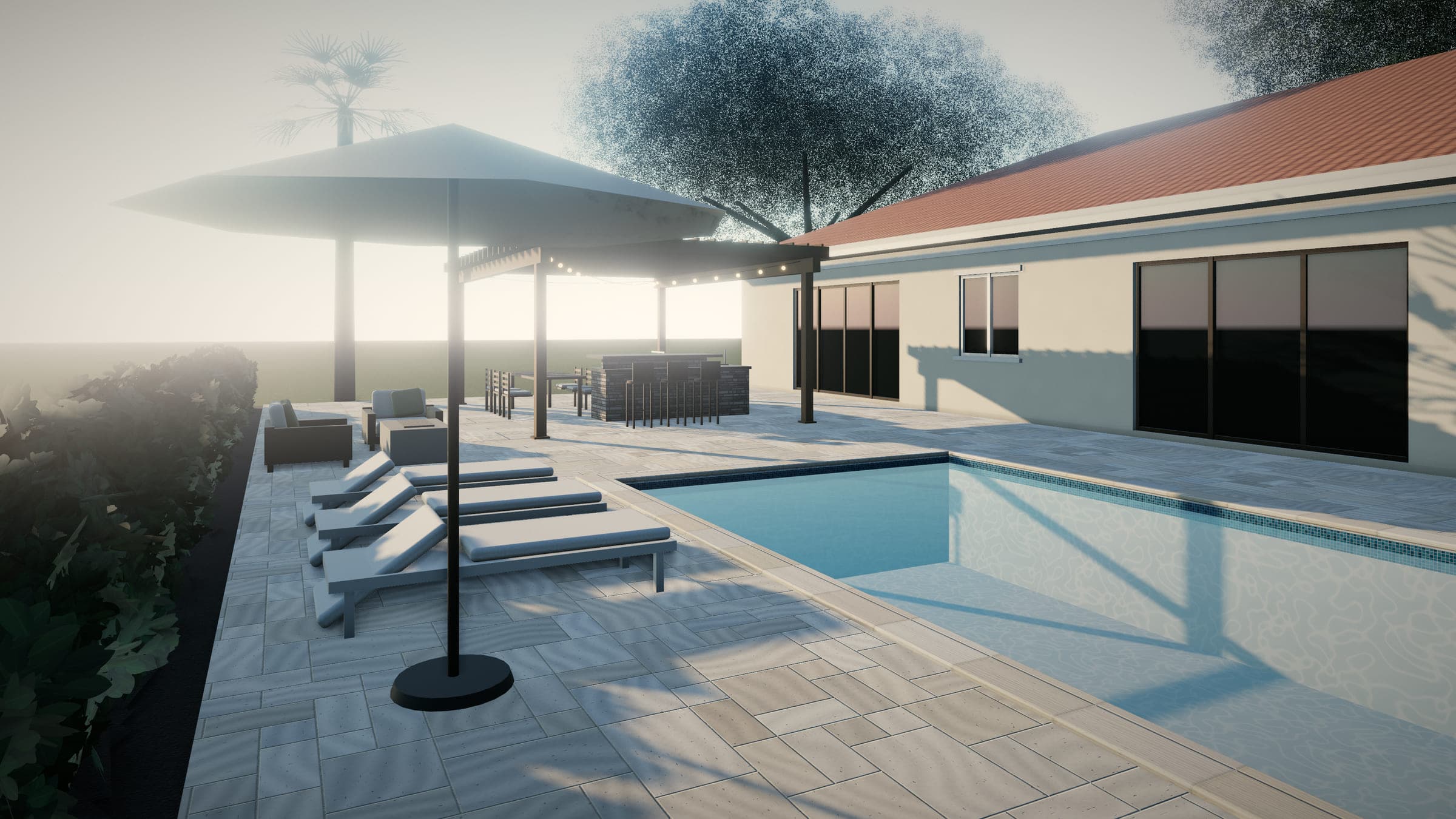 Travertine pool deck with lounge chairs and a fire table, and a wood pergola sheltering an outdoor kitchen and dining area.