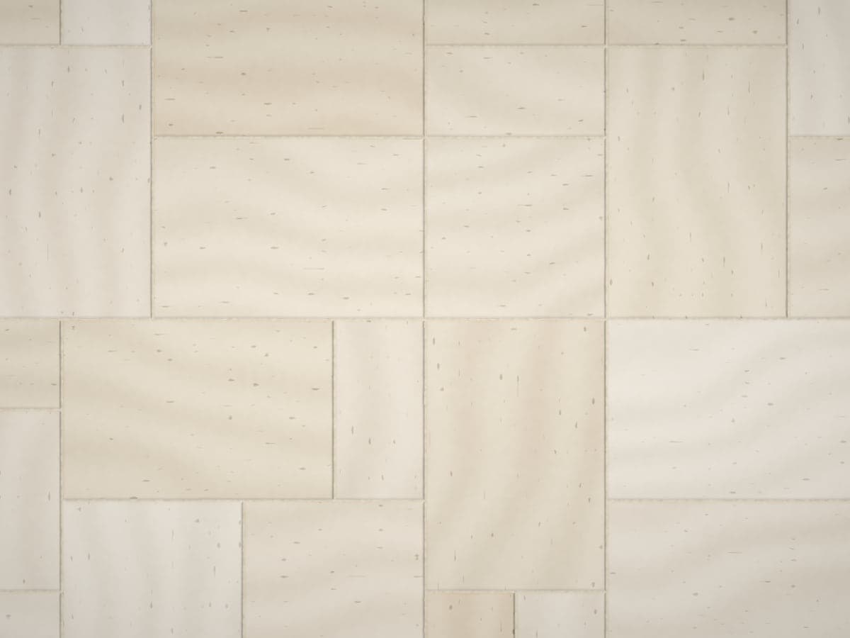 Ivory travertine pavers in a French (Versailles-style) pattern with tumbled edges.