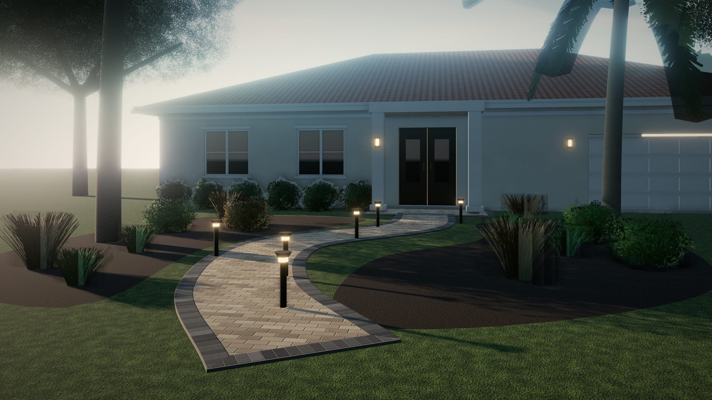 Curving paver walkway with a charcoal border winding through planted beds and low path lights to a front entry.