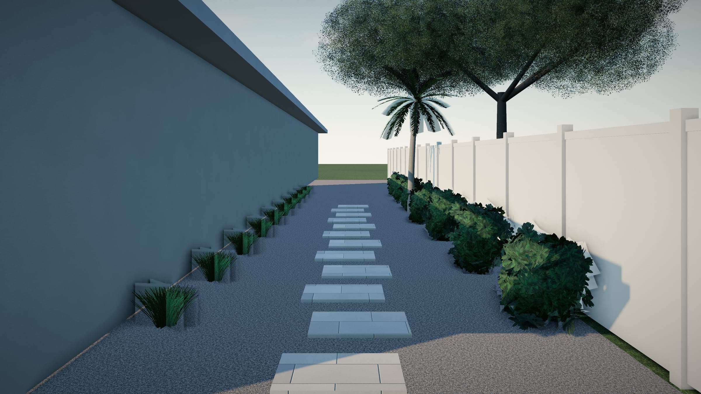 Side-yard path of large pale concrete stepping pads set in gray gravel between a house wall and a white fence.